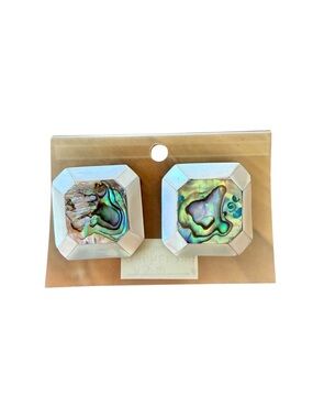 Vintage 80s Abalone Mother of Pearl Clip On Earrings NOS Shell Square